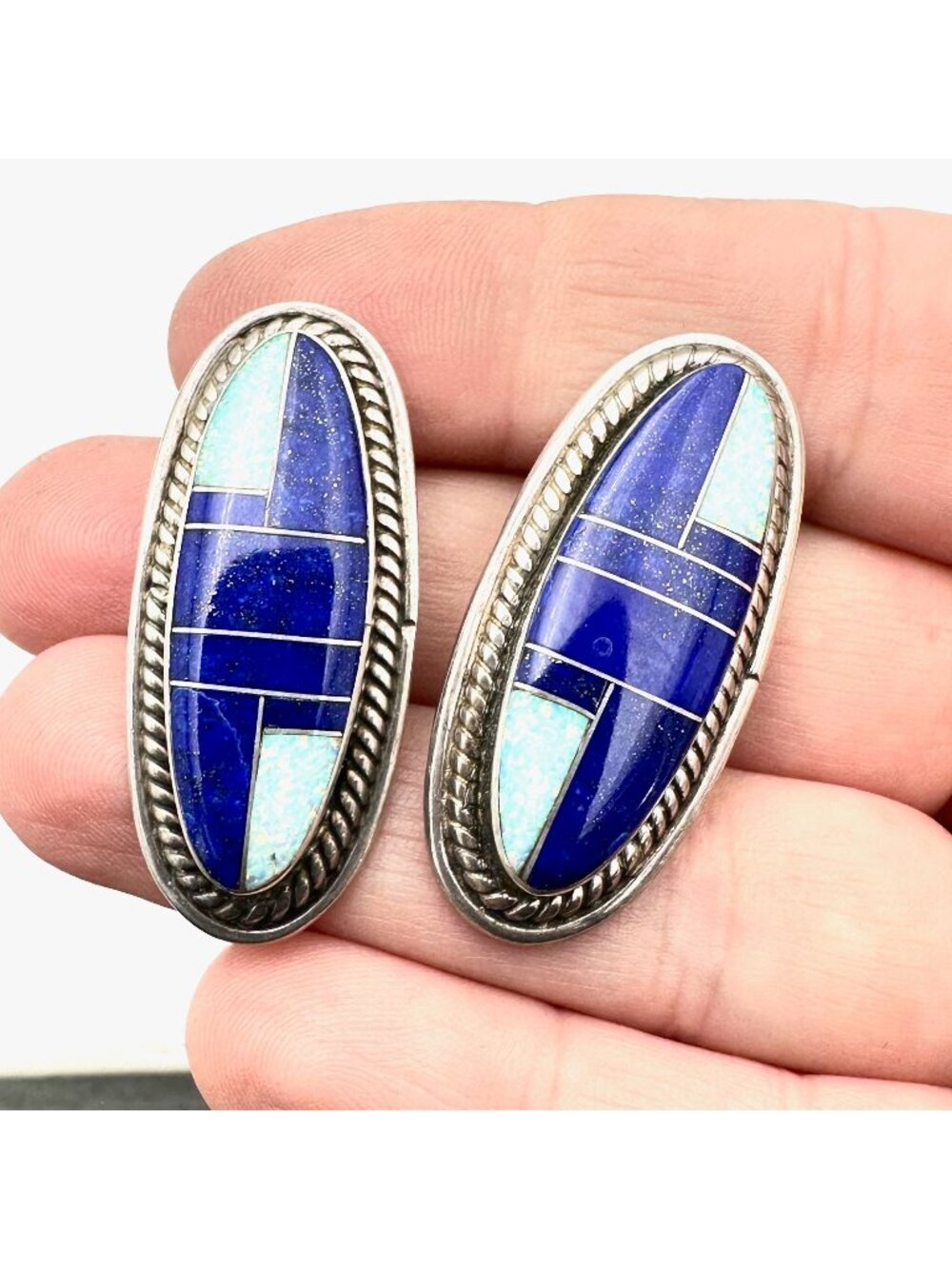 Native American Melvin Francis Opal Lapis Lazuli Sterling Silver Clip Earrings